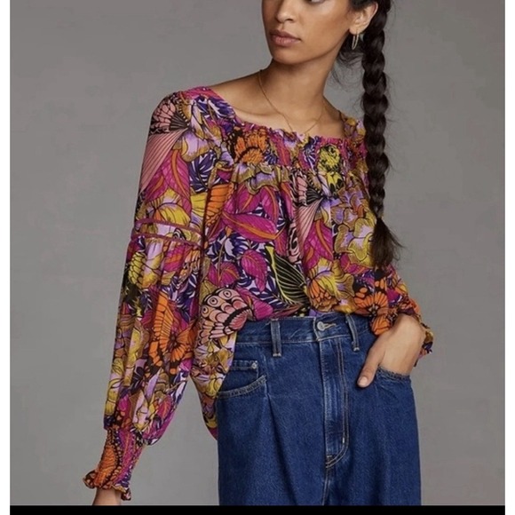 Anthropologie Tops - Anthropologie Alexandra Farmer Floral Butterfly Puff Sleeve Blouse Sz XL
